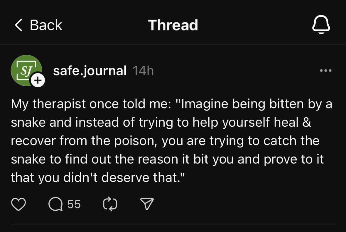 My therapist once told me: "Imagine being bitten by a snake and instead of trying to help yourself heal and recover from the poison, you are trying to catch the snake to find out the reason it bit you and prove to it that you didn't deserve that."